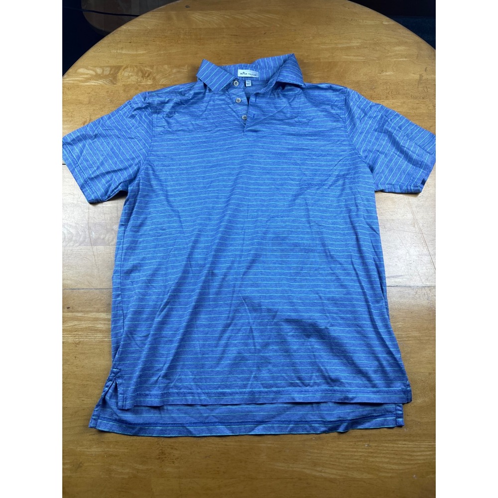 Peter Millar Mens Large Blue Green Striped Cotton Short Sleeve Polo Shirt